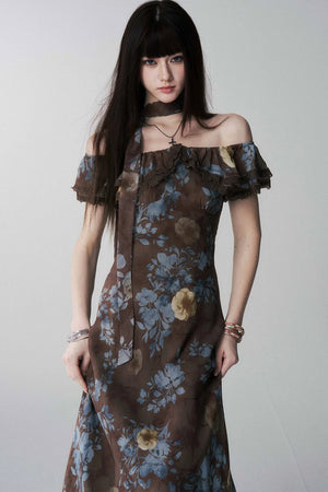Coffee Floral One-Shoulder Dress