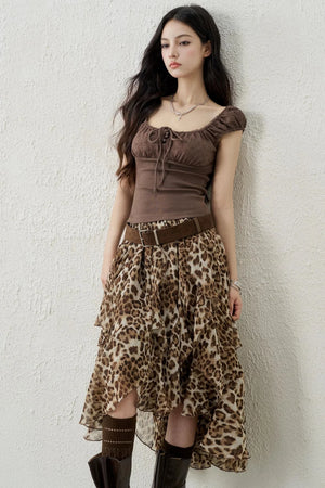 Coffee Leopard Chiffon Skirt