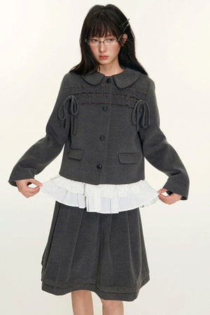 College Ruffle Woolen Suit Skirt Set-Up