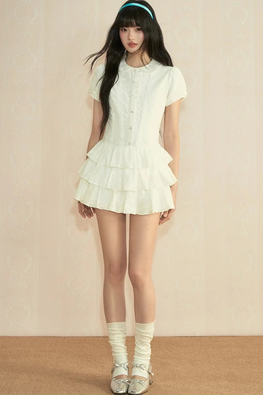 College Style Puff Sleeve Shirt Dress