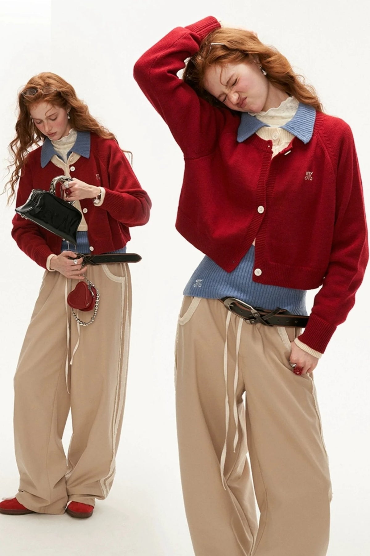 College Vintage Fake Two Piece Sweater Jacket