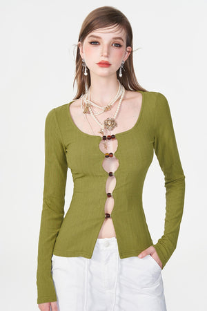 Color Beaded U-Neck Long Sleeve Tee