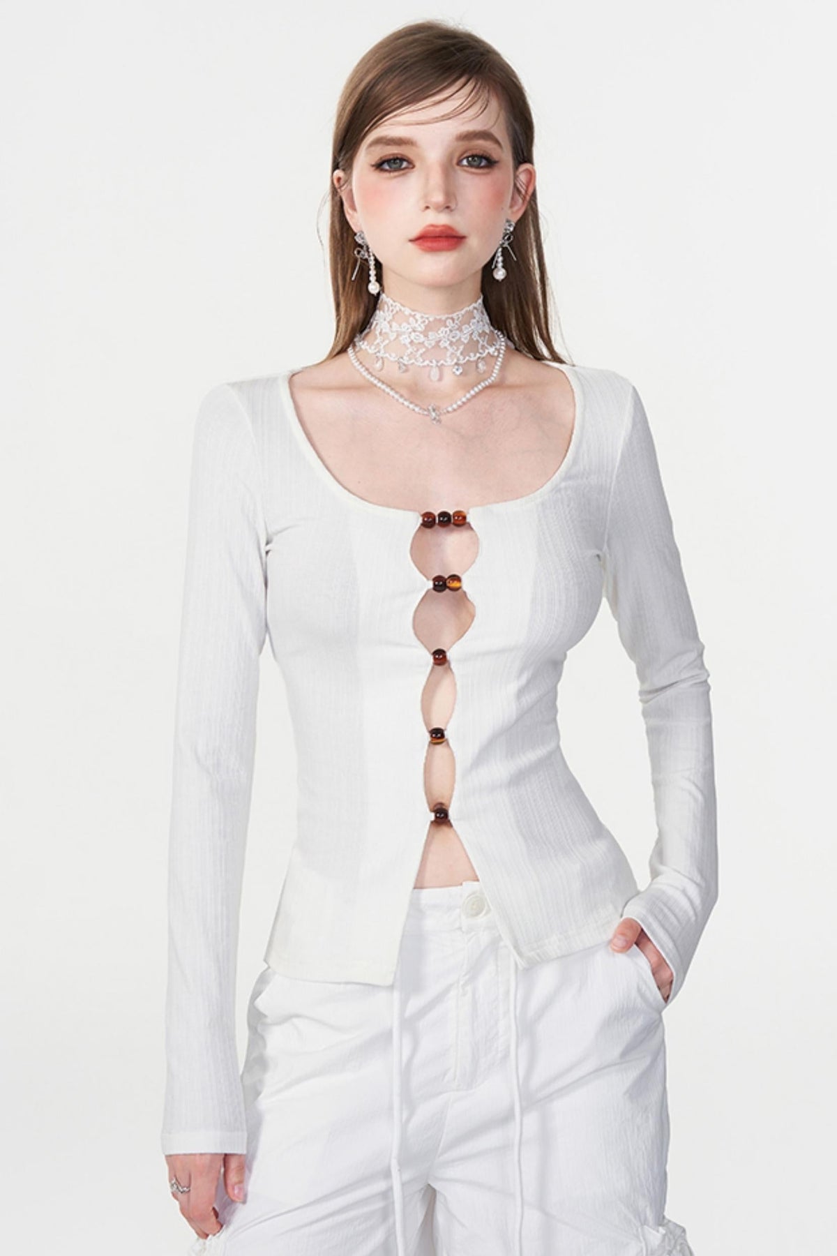 Color Beaded U-Neck Long Sleeve Tee