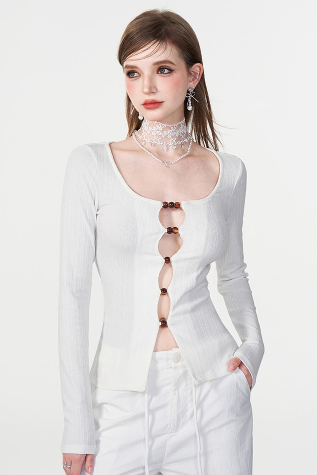 Color Beaded U-Neck Long Sleeve Tee