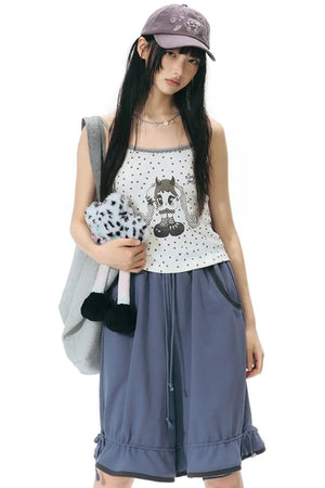 Color-Block Drawstring Elastic Waist Wide-Leg Mid-Length Shorts