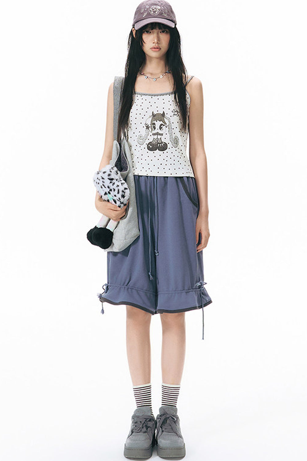Color-Block Drawstring Elastic Waist Wide-Leg Mid-Length Shorts
