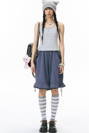 Color-Block Drawstring Elastic Waist Wide-Leg Mid-Length Shorts