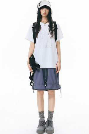 Color-Block Drawstring Elastic Waist Wide-Leg Mid-Length Shorts