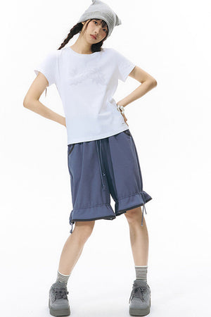 Color-Block Drawstring Elastic Waist Wide-Leg Mid-Length Shorts
