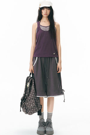 Color-Block Drawstring Elastic Waist Wide-Leg Mid-Length Shorts