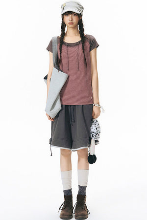 Color-Block Drawstring Elastic Waist Wide-Leg Mid-Length Shorts