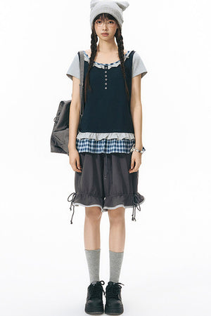Color-Block Drawstring Elastic Waist Wide-Leg Mid-Length Shorts