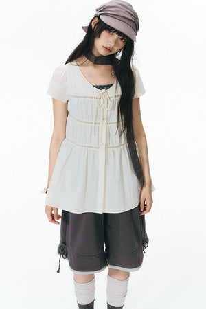 Color-Block Drawstring Elastic Waist Wide-Leg Mid-Length Shorts