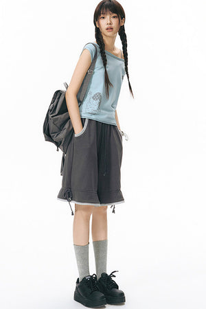 Color-Block Drawstring Elastic Waist Wide-Leg Mid-Length Shorts