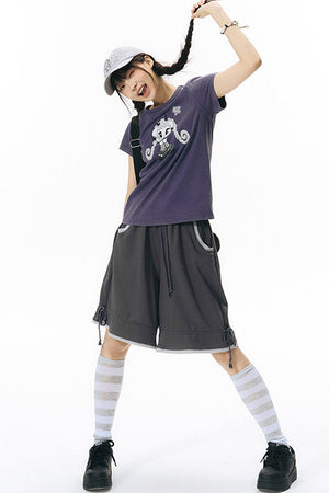 Color-Block Drawstring Elastic Waist Wide-Leg Mid-Length Shorts