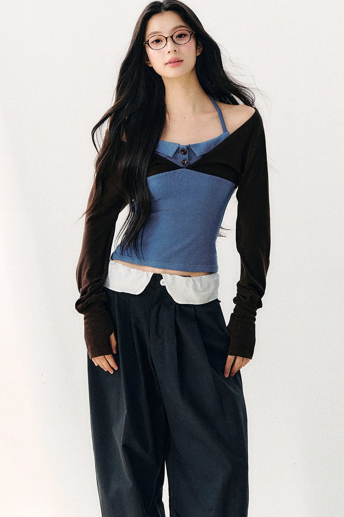 Color Block Halter Collar Long Sleeve Top