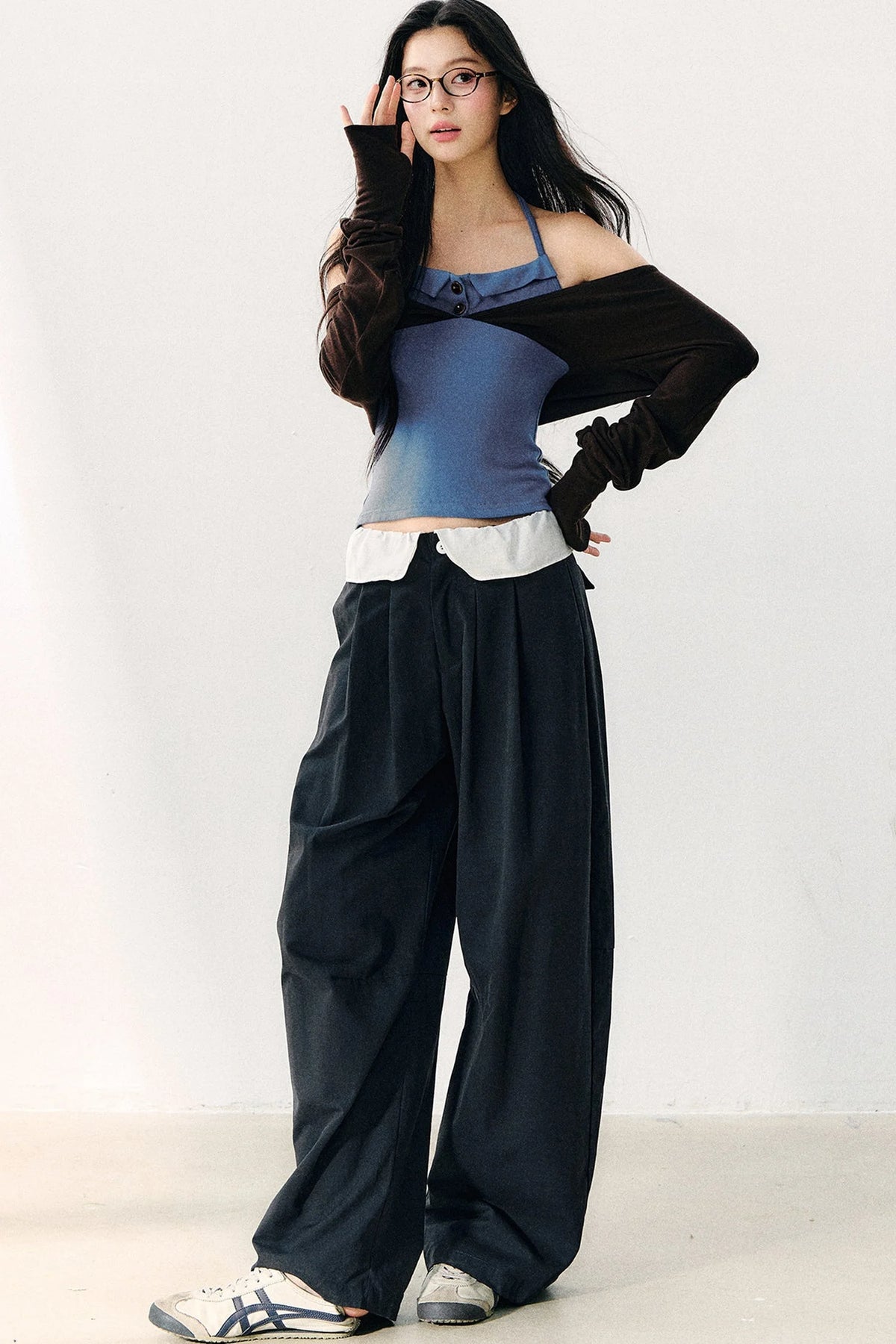 Color Block Halter Collar Long Sleeve Top