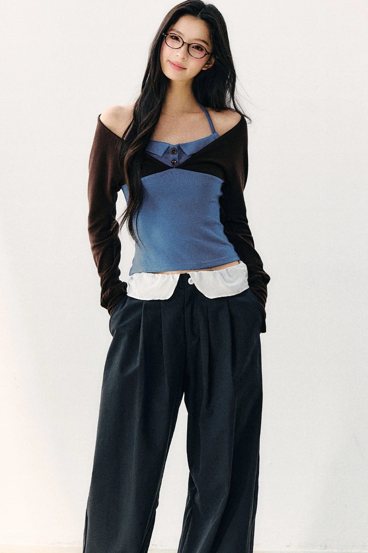 Color Block Halter Collar Long Sleeve Top