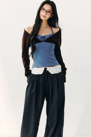 Color Block Halter Collar Long Sleeve Top