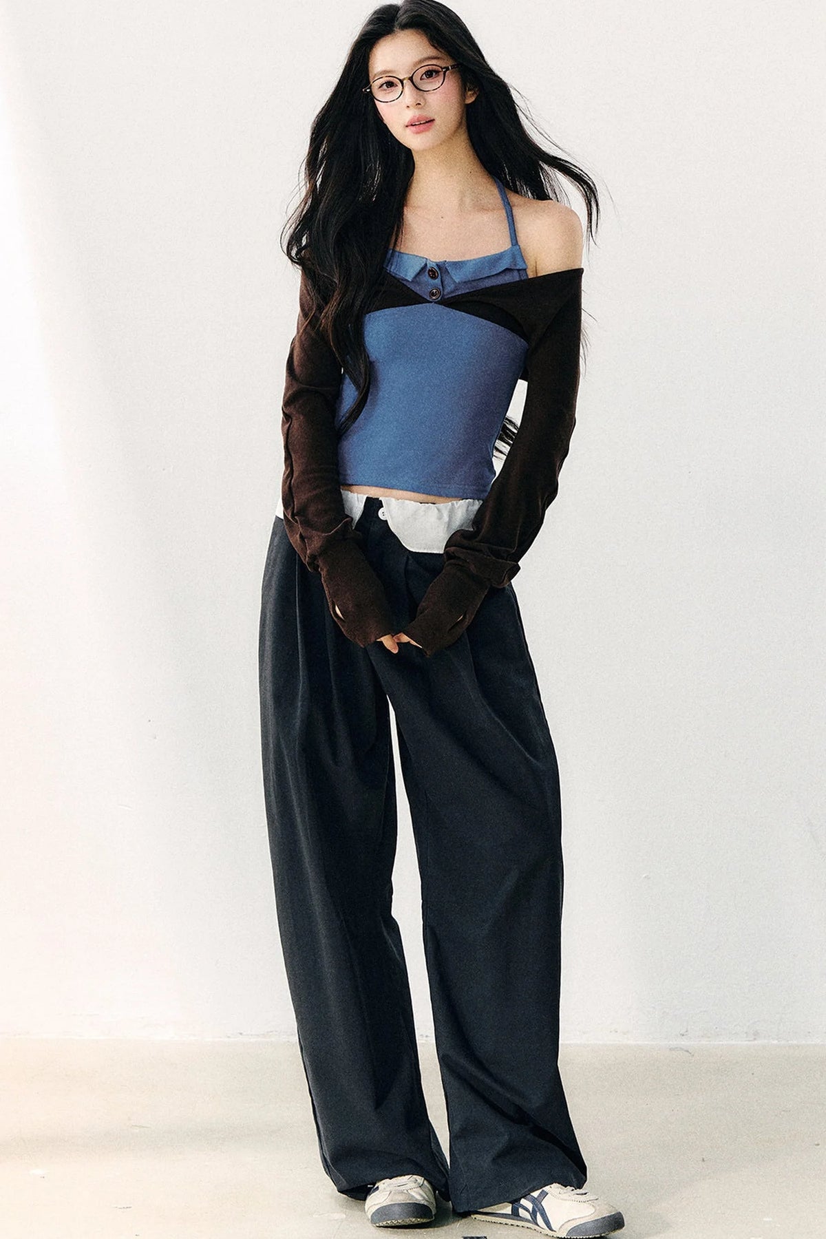 Color Block Halter Collar Long Sleeve Top