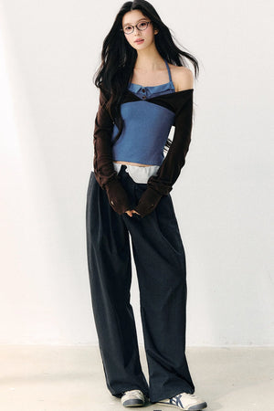Color Block Halter Collar Long Sleeve Top