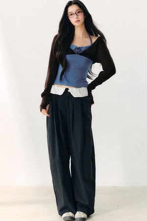 Color Block Halter Collar Long Sleeve Top