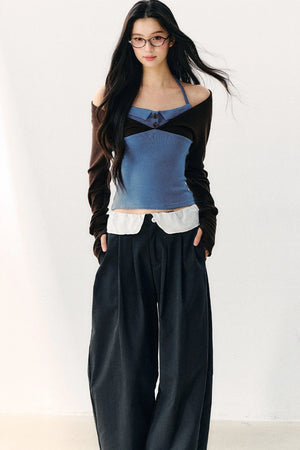 Color Block Halter Collar Long Sleeve Top