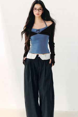 Color Block Halter Collar Long Sleeve Top