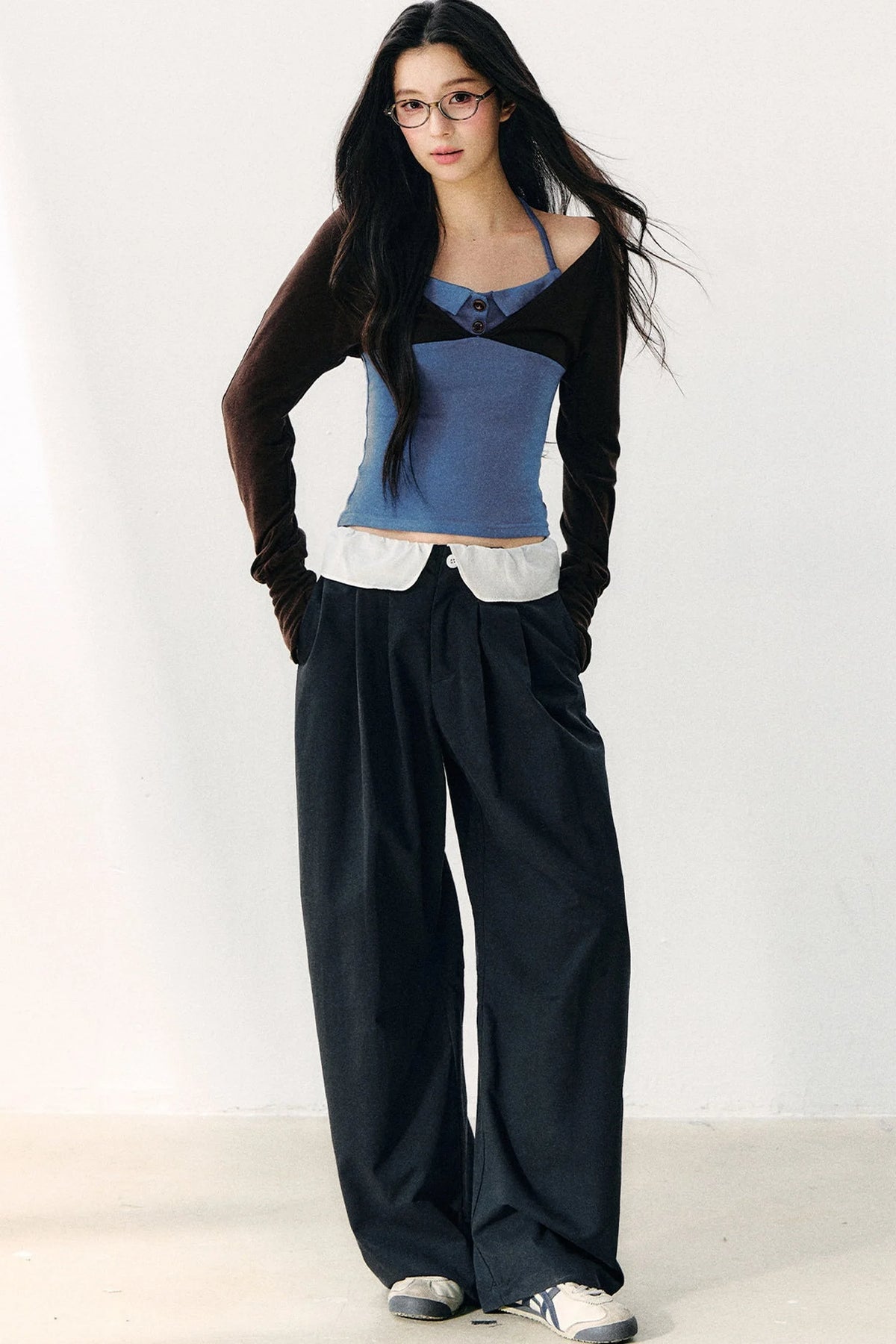 Color Block Halter Collar Long Sleeve Top