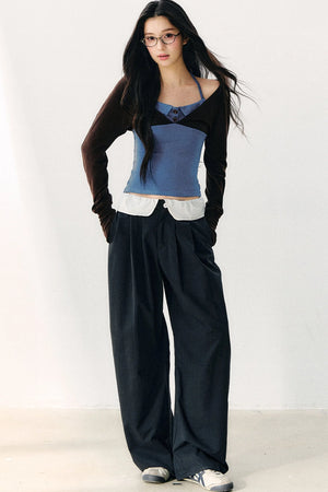 Color Block Halter Collar Long Sleeve Top