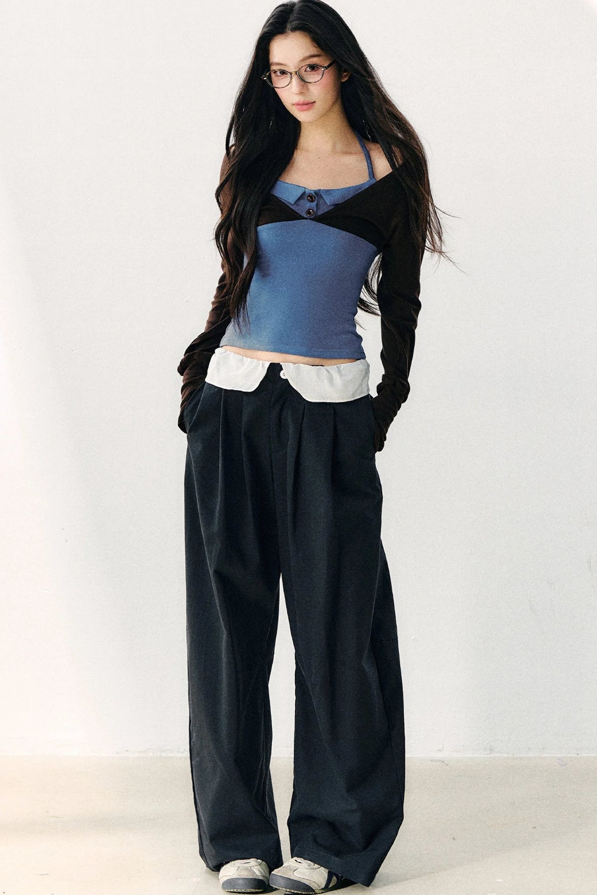 Color Block Halter Collar Long Sleeve Top