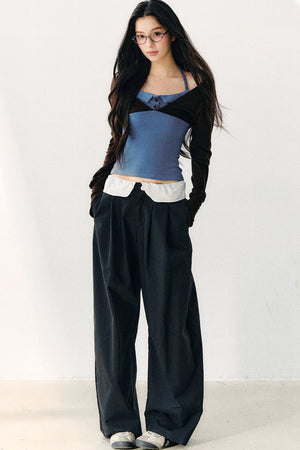 Color Block Halter Collar Long Sleeve Top