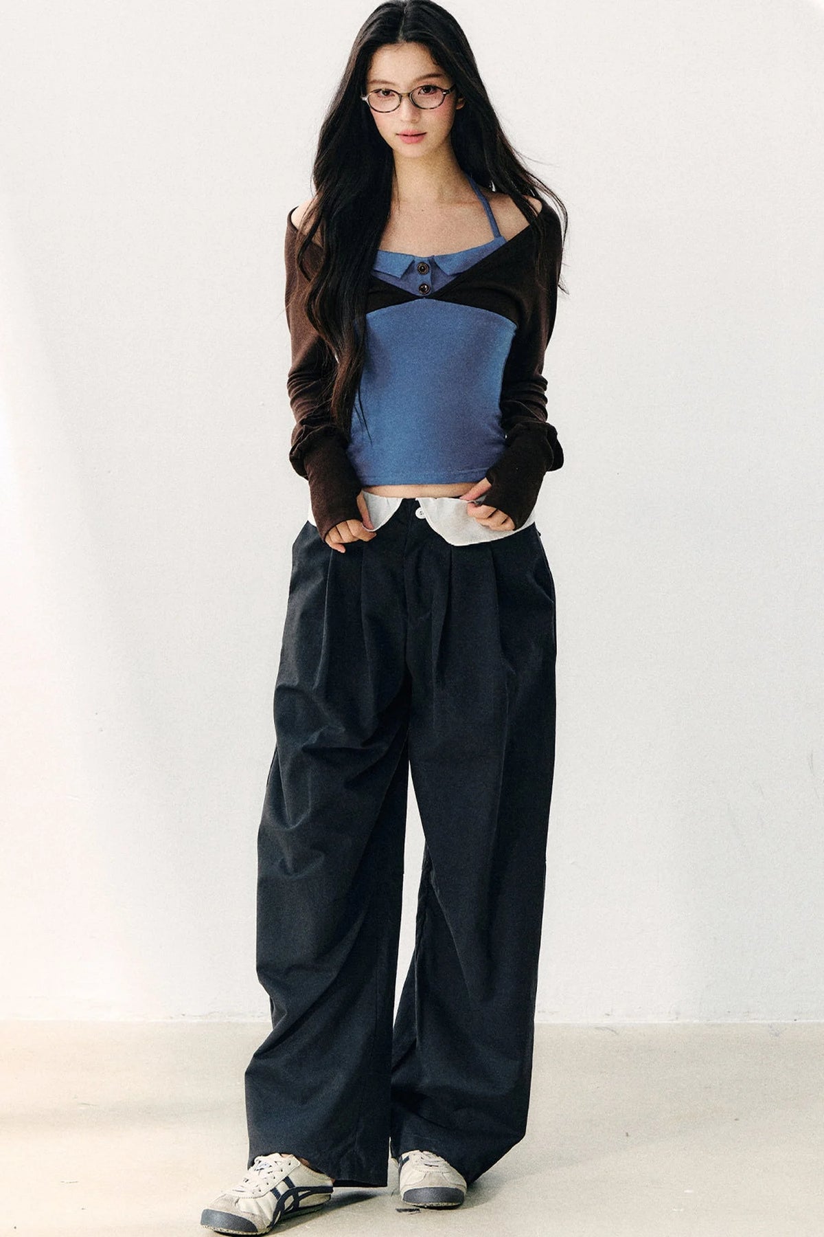 Color Block Halter Collar Long Sleeve Top