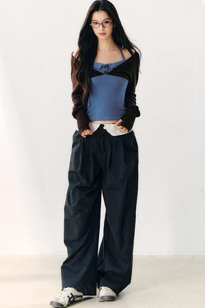 Color Block Halter Collar Long Sleeve Top