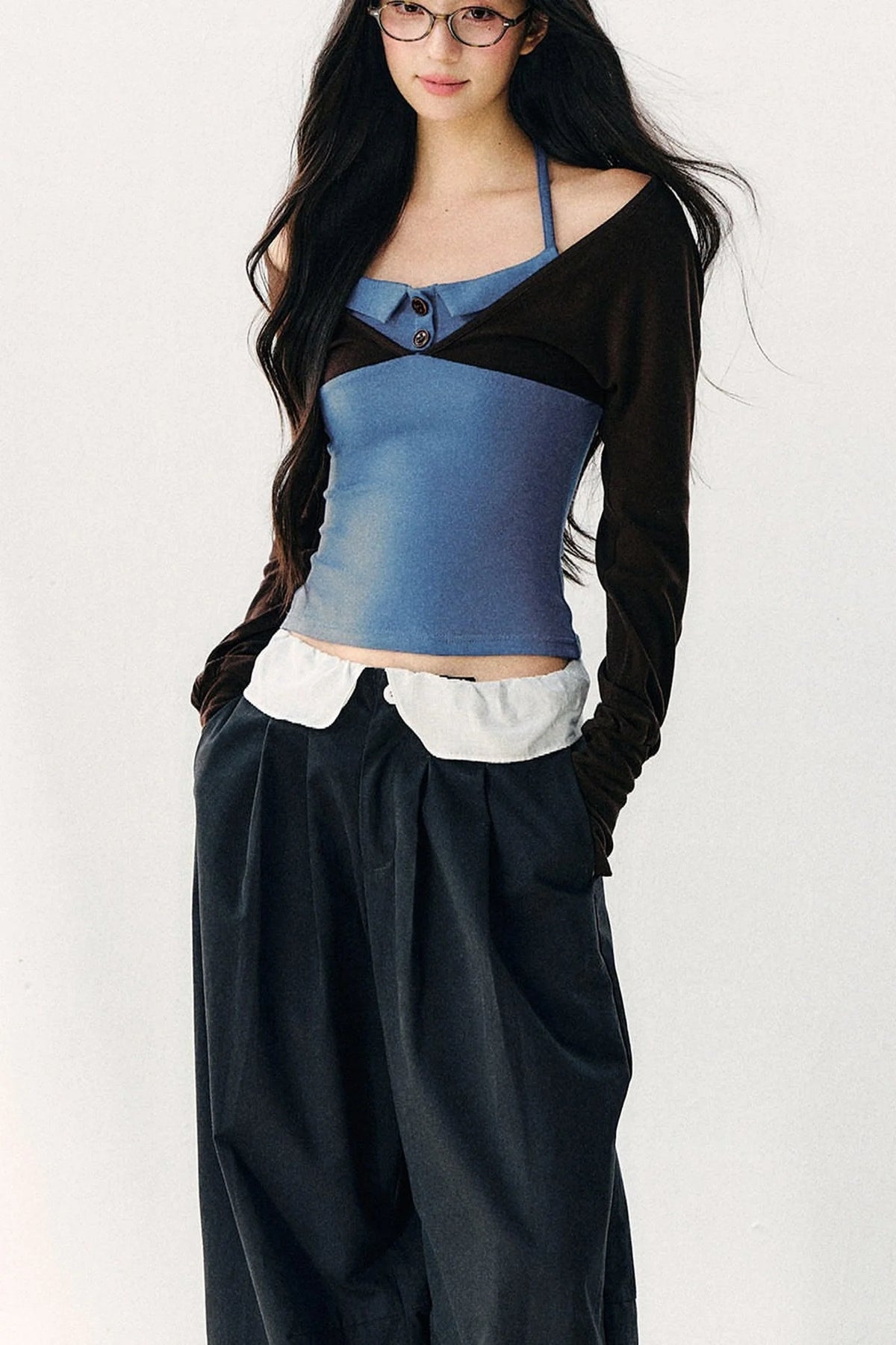 Color Block Halter Collar Long Sleeve Top