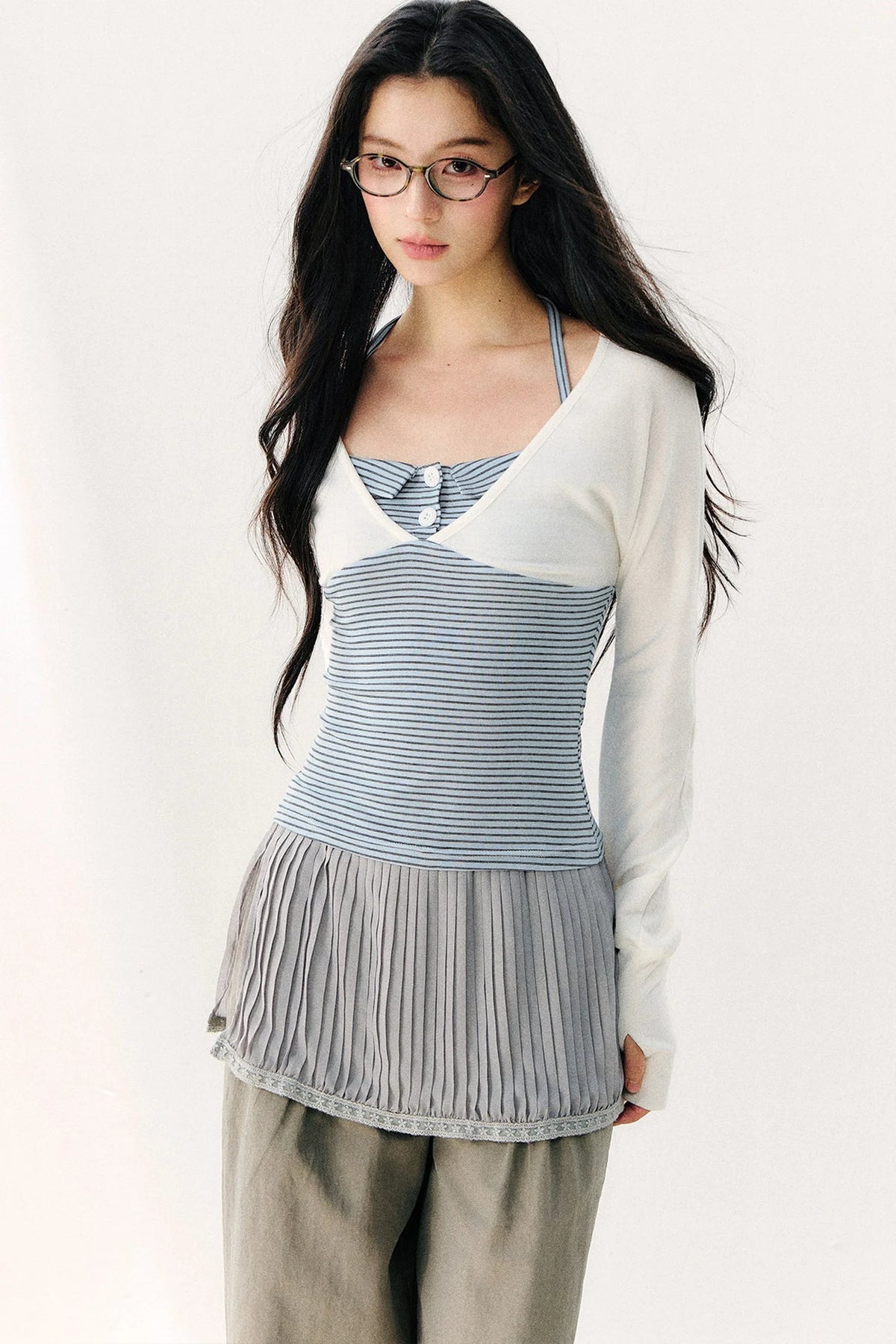 Color Block Halter Collar Long Sleeve Top