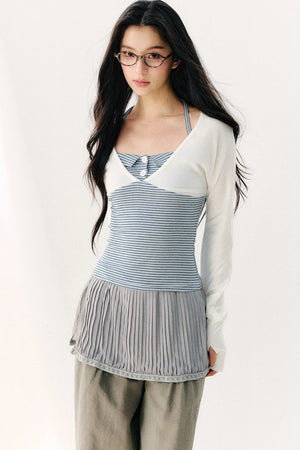 Color Block Halter Collar Long Sleeve Top
