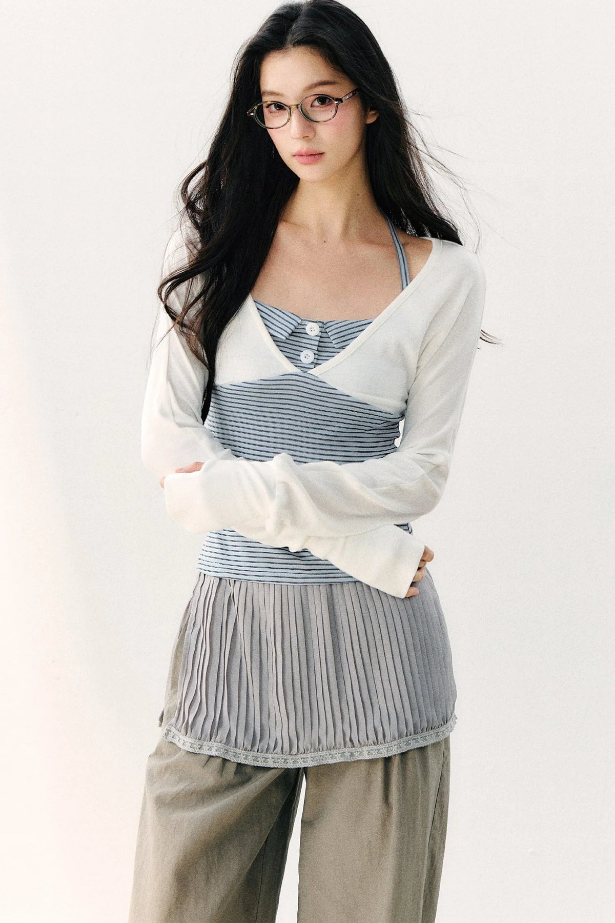 Color Block Halter Collar Long Sleeve Top
