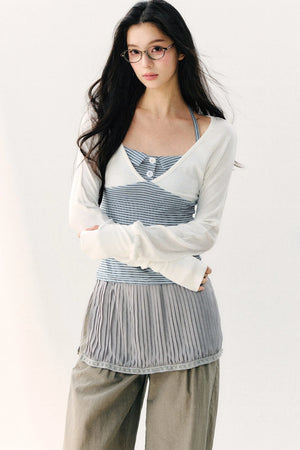Color Block Halter Collar Long Sleeve Top