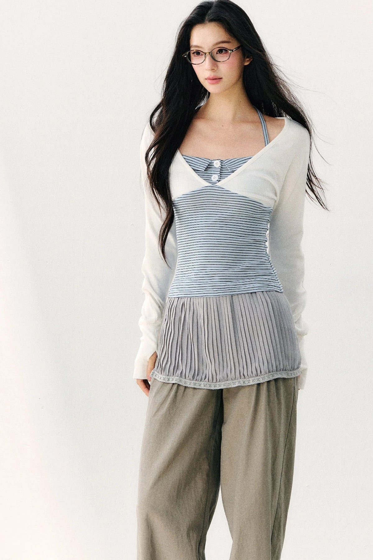 Color Block Halter Collar Long Sleeve Top