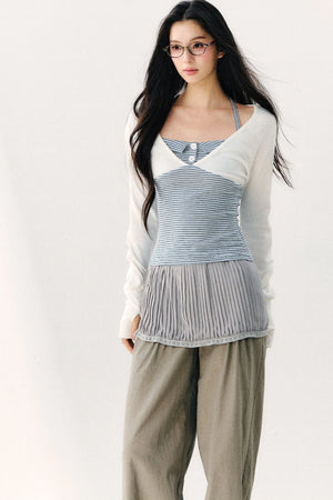 Color Block Halter Collar Long Sleeve Top