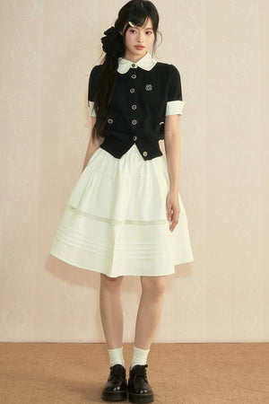 Color-Block Knit Cardigan and Pleated Skirt Set-Up