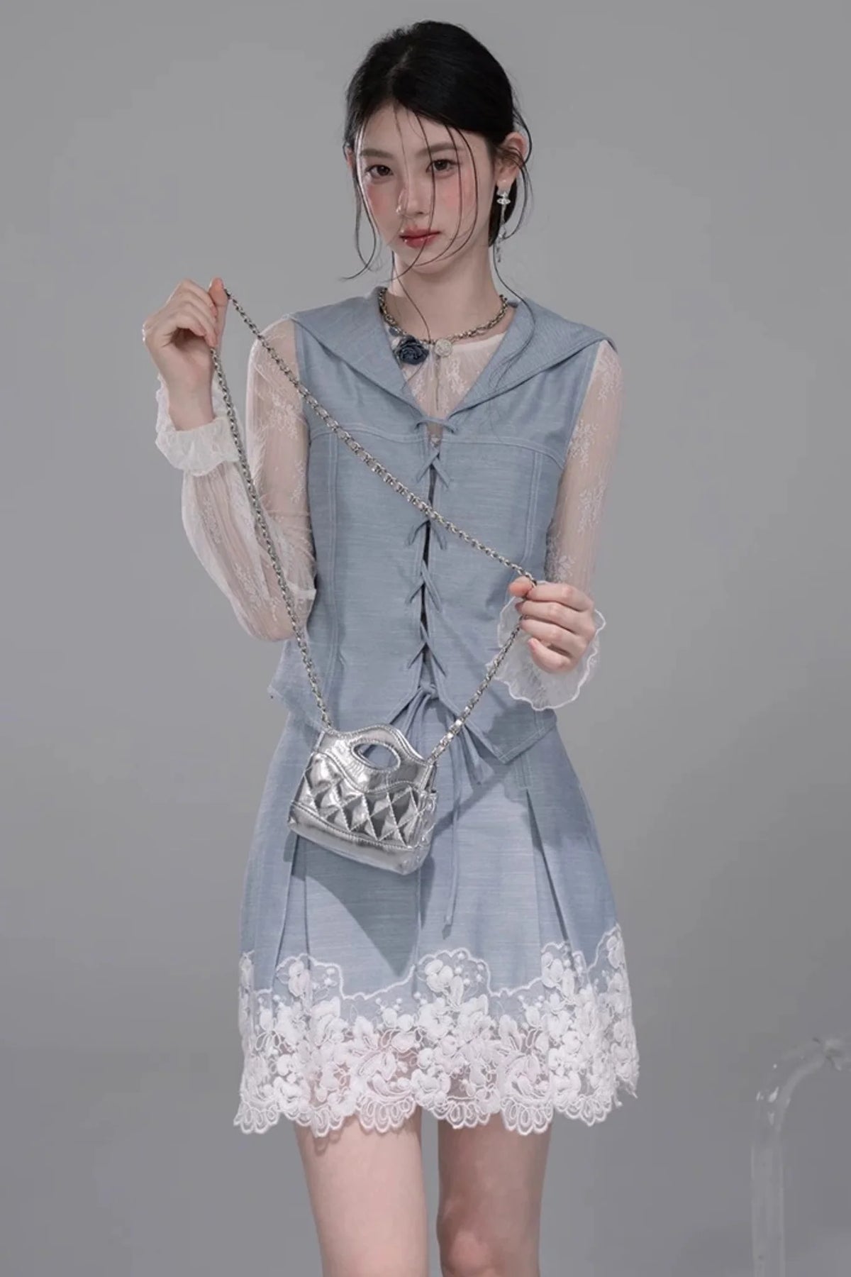 Color-Block Lace Vest Set