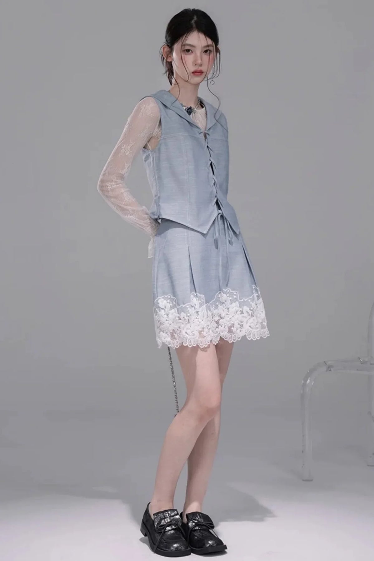 Color-Block Lace Vest Set