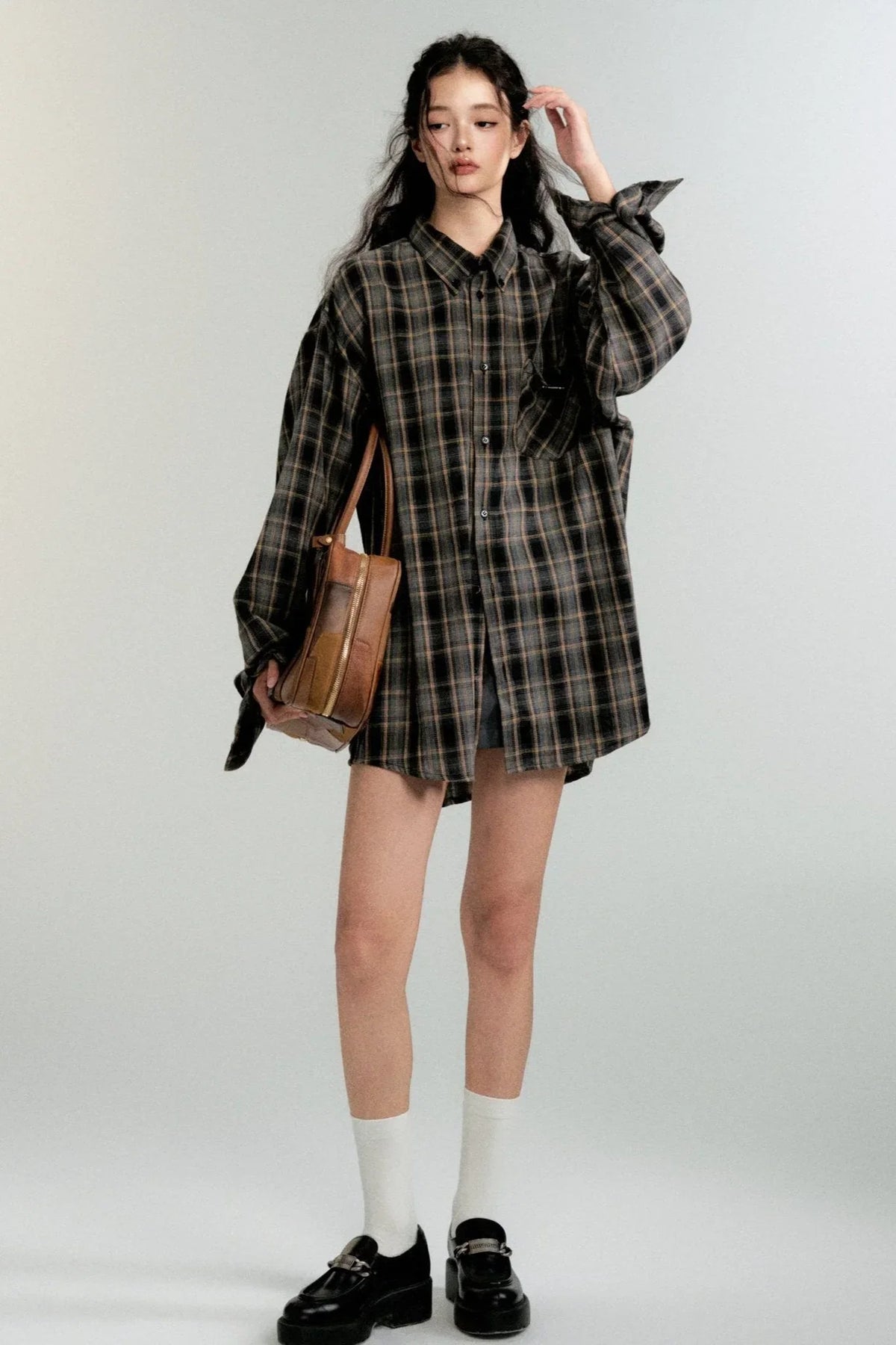 Color-Block Loose Check Long-Sleeved Shirt