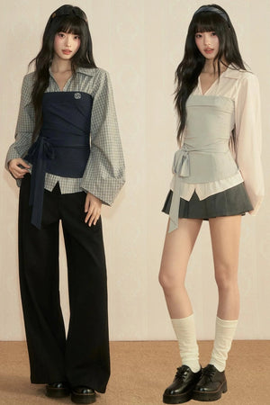 Color-Block Patchwork Blouse and Pants Set-Up