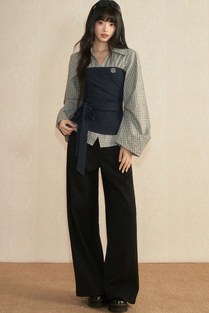 Color-Block Patchwork Blouse and Pants Set-Up