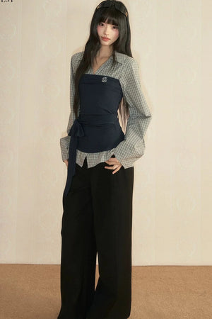 Color-Block Patchwork Blouse and Pants Set-Up