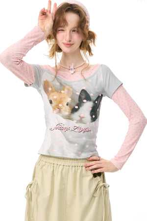 Color-Block Patchwork Rabbit Print Long Sleeve Top