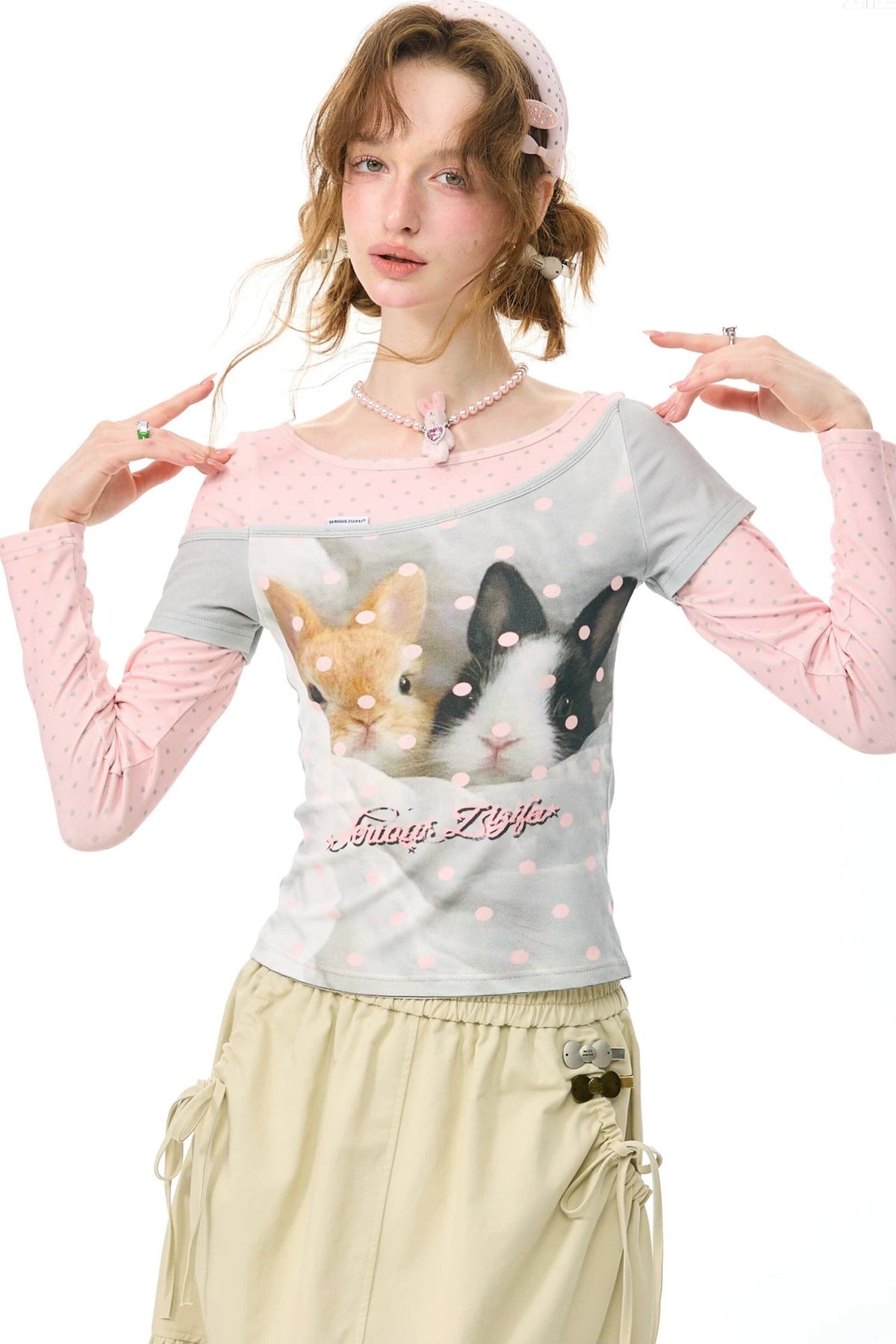 Color-Block Patchwork Rabbit Print Long Sleeve Top